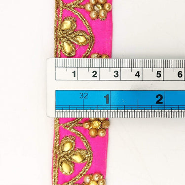 Fuchsia Silk Fabric Lace Trim Floral Embroidery & Indian Stones Kundan Embellishment, Decorative Sari Trim, Floral Border Trim By Yard